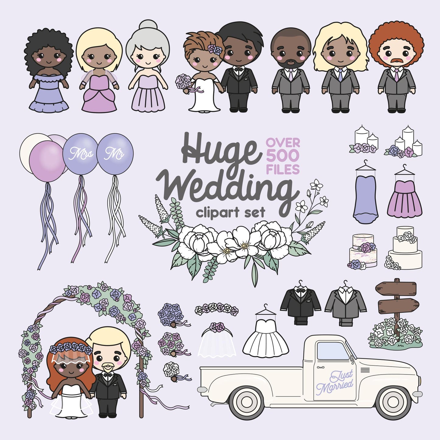 Premium Vector Clipart - Cute 'lil Me - HUGE Clipart Wedding Set - Kawaii Clipart - DIY Stationary / Invitation Design Set