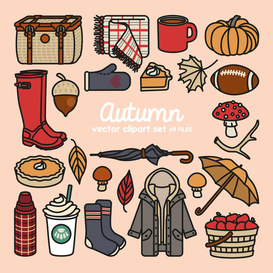 Premium Vector Clipart - Cute Autumn Clipart - Kawaii Fall Clip Art Set - High Quality Vectors - Instant Download - Kawaii Fashion Clipart