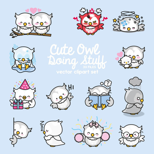 Premium Vector Clipart - Kawaii Owl - Cute Owls Clipart Set - High Quality Vectors - Instant Download - Kawaii Clipart - Kawaii Owl Doing Stuff