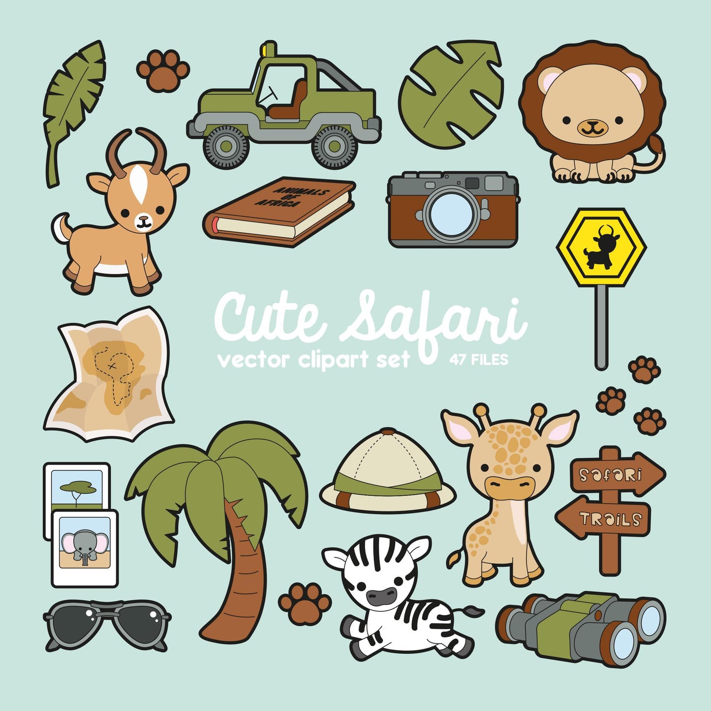 Premium Vector Clipart - Kawaii Safari Clipart - Kawaii Safari Clip art Set - High Quality Vectors - Instant Download - Kawaii Clipart