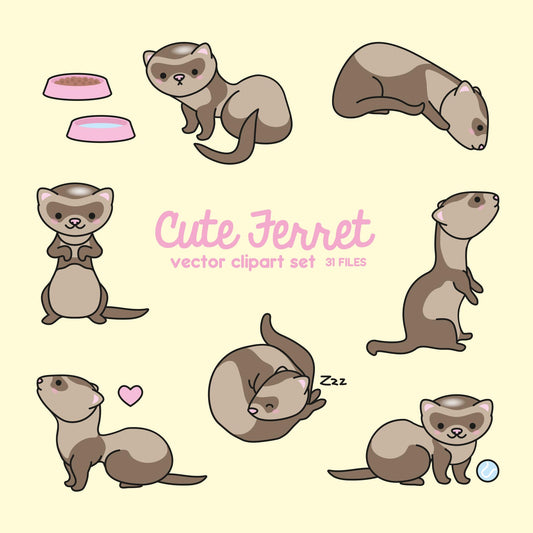 Premium Vector Clipart - Kawaii Ferret - Cute Ferrets Clipart Set - High Quality Vectors - Instant Download - Kawaii Clipart