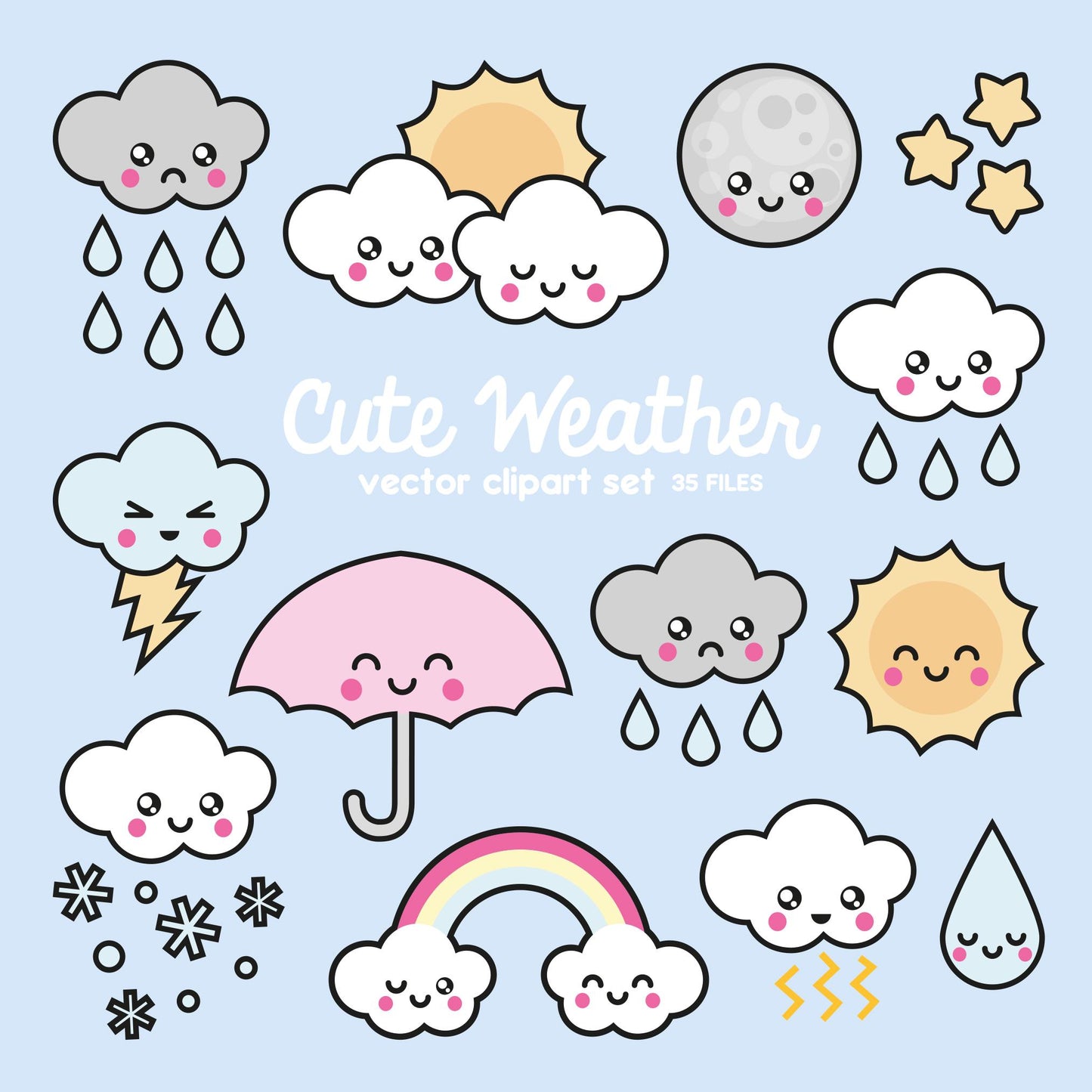 Premium Vector Clipart - Kawaii Weather Clipart - Kawaii Weather Clip art Set - High Quality Vectors - Instant Download - Kawaii Clipart