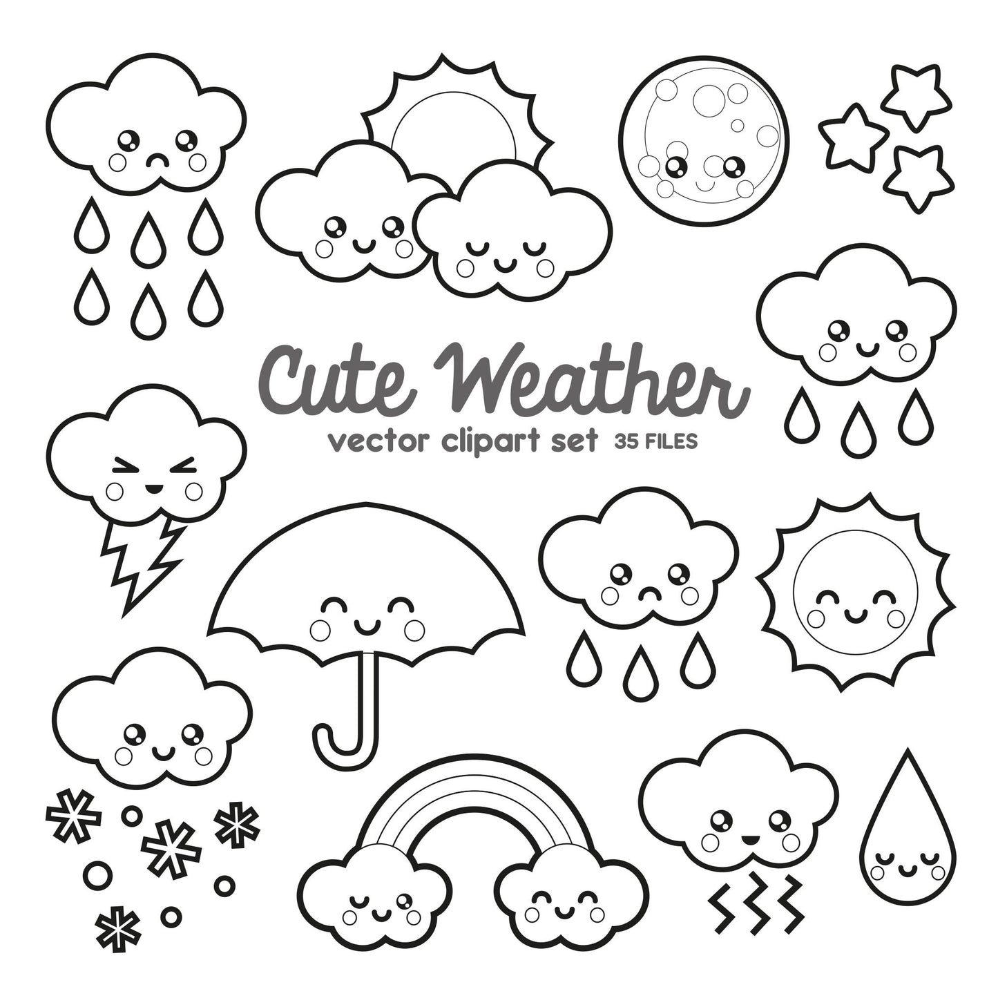 Premium Vector Clipart - Kawaii Weather Clipart - Kawaii Weather Clip art Set - High Quality Vectors - Outlines - Kawaii Clipart