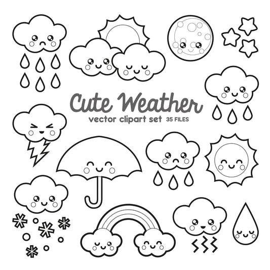 Premium Vector Clipart - Kawaii Weather Clipart - Kawaii Weather Clip art Set - High Quality Vectors - Outlines - Kawaii Clipart