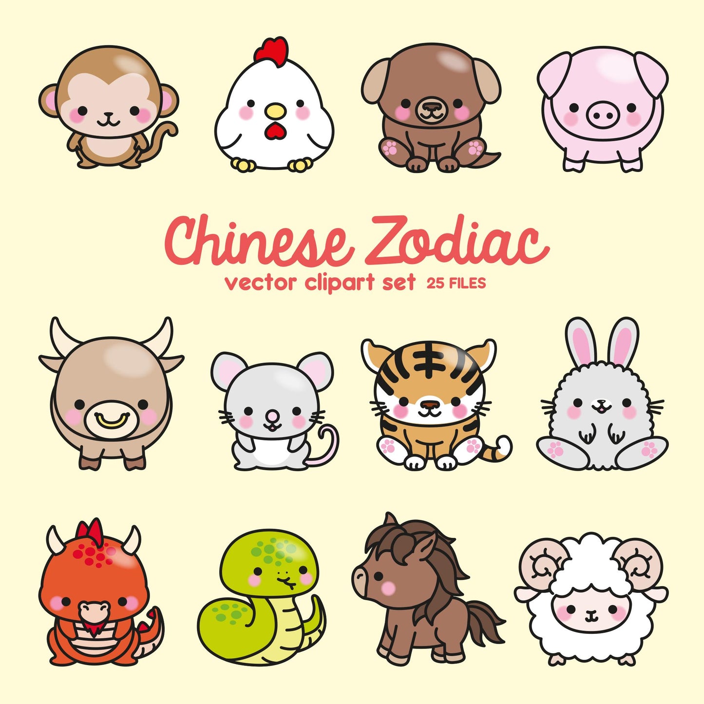 Premium Vector Clipart - Kawaii Chinese Zodiac Clipart - Kawaii Clip Art Set - Chinese Zodiac - High Quality Vectors - Instant Download