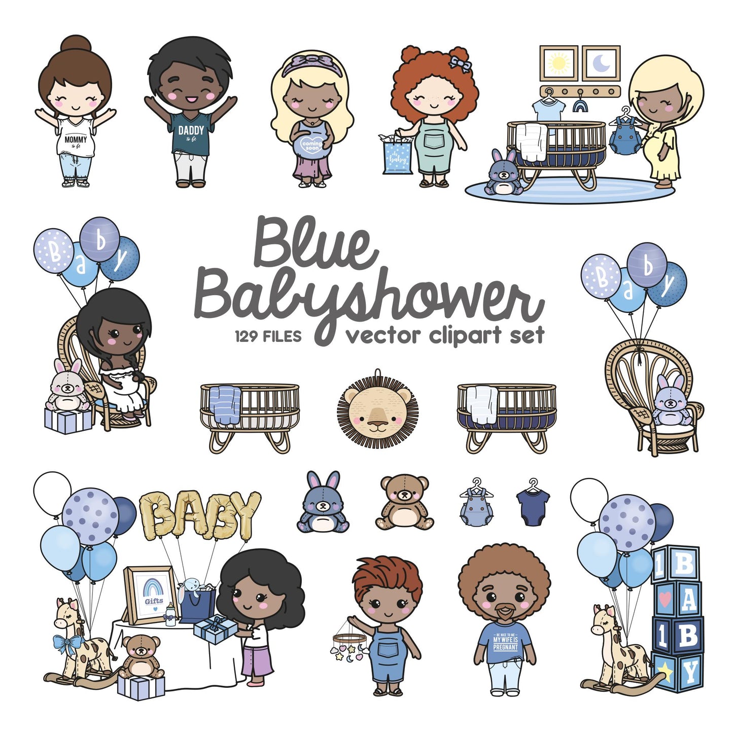 Premium Vector Clipart - Kawaii Halloween Girl - Cute Me Baby Shower Clipart Set - Pregnancy - Kawaii Halloween Clipart - Blues