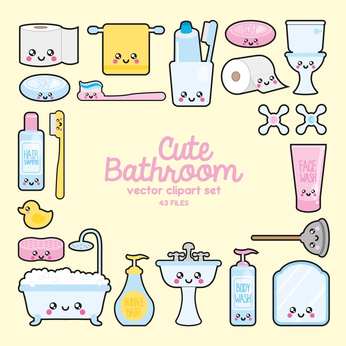 Premium Vector Clipart - Kawaii Bathroom Clipart - Kawaii Bathroom Clip art Set - High Quality Vectors - Instant Download - Kawaii Clipart