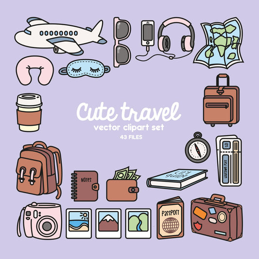 Premium Vector Clipart - Kawaii Travel Clipart - Kawaii Clip Art Set - High Quality Vectors - Instant Download - Kawaii Clipart