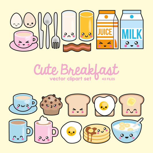 Premium Vector Clipart - Kawaii Breakfast Clipart - Kawaii Food Clip art Set - High Quality Vectors - Instant Download - Kawaii Clipart