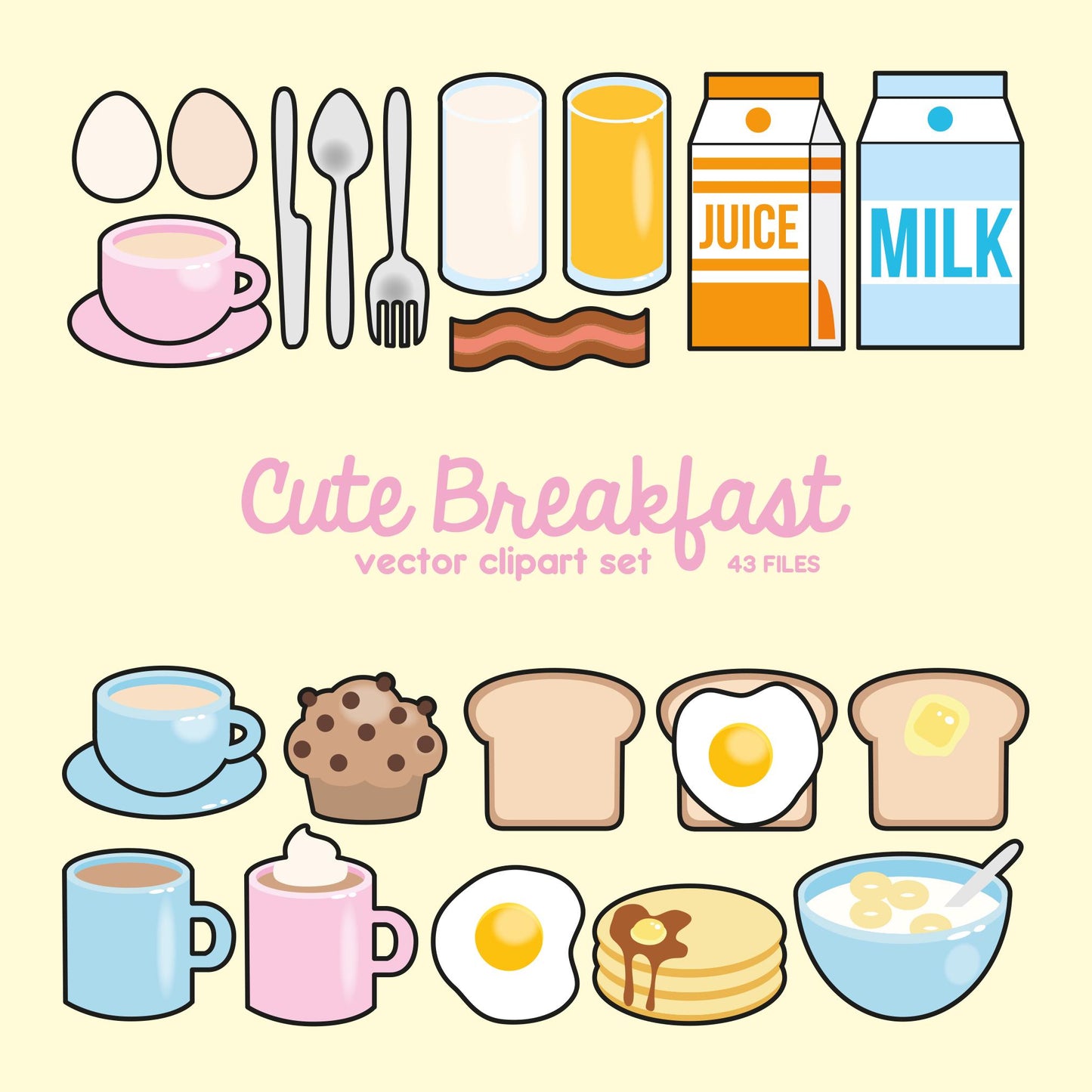 Premium Vector Clipart - Kawaii Breakfast Clipart - Kawaii Food Clip art Set - High Quality Vectors - No Faces - Kawaii Clipart