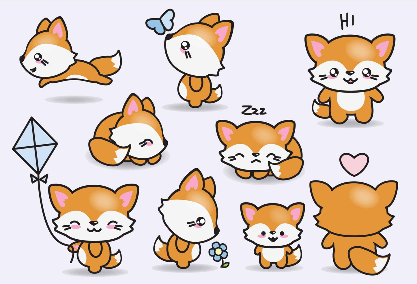 Premium Vector Clipart - Kawaii Foxes - Cute Foxes Clipart Set - High Quality Vectors - Instant Download - Kawaii Clipart