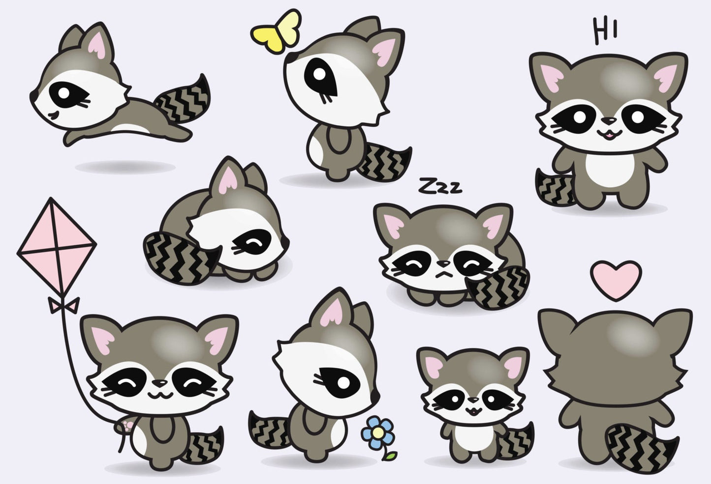 Premium Vector Clipart - Kawaii Raccoons - Cute Raccoons Clipart Set - High Quality Vectors - Instant Download - Kawaii Clipart