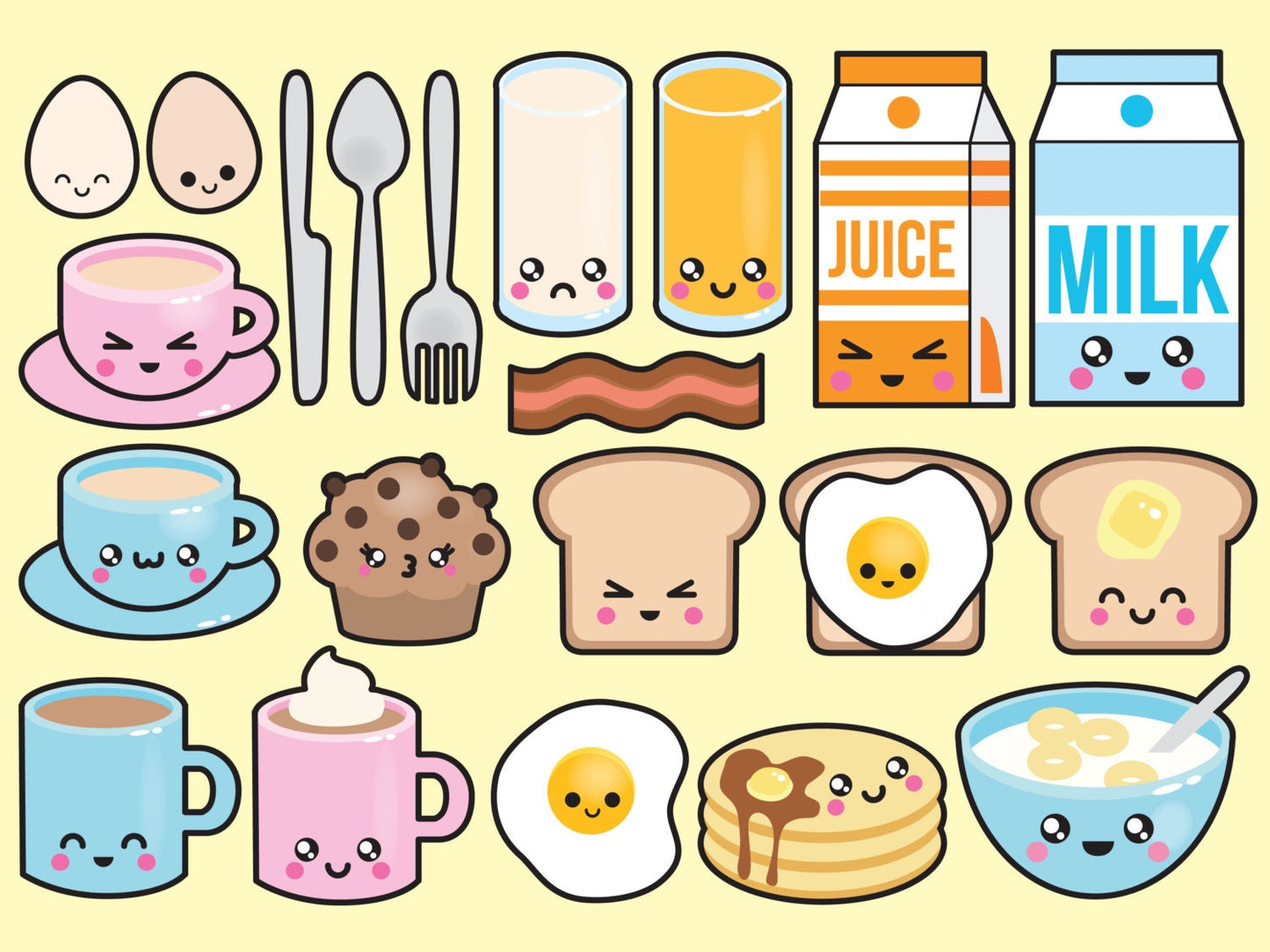 Premium Vector Clipart - Kawaii Breakfast Clipart - Kawaii Food Clip art Set - High Quality Vectors - Instant Download - Kawaii Clipart