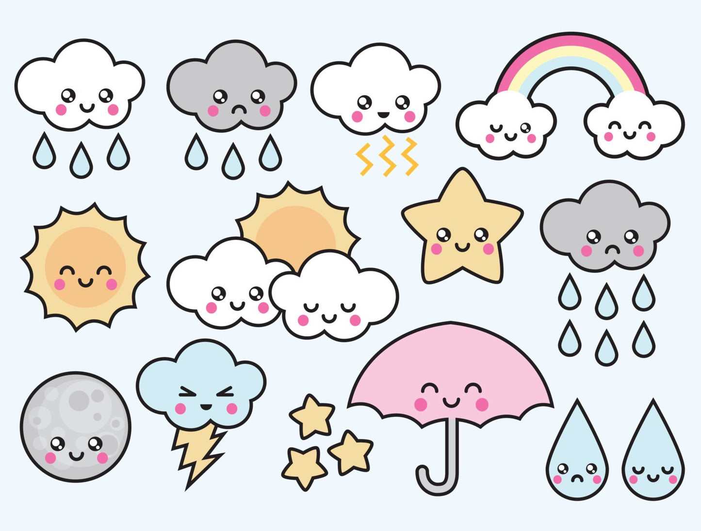 Premium Vector Clipart - Kawaii Weather Clipart - Kawaii Weather Clip art Set - High Quality Vectors - Instant Download - Kawaii Clipart