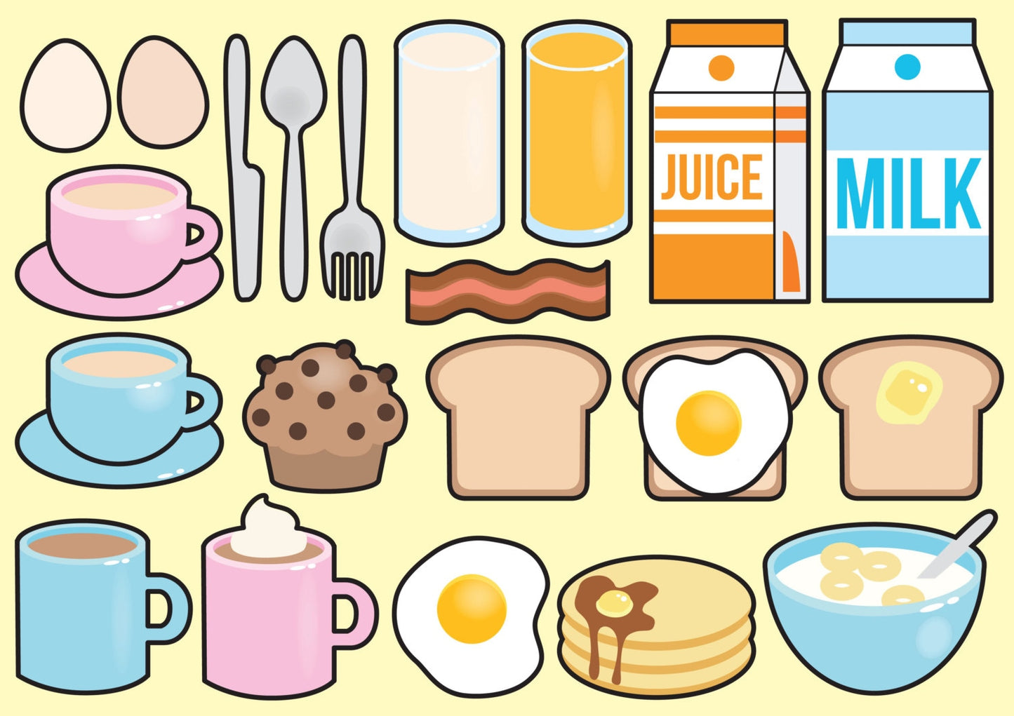 Premium Vector Clipart - Kawaii Breakfast Clipart - Kawaii Food Clip art Set - High Quality Vectors - No Faces - Kawaii Clipart