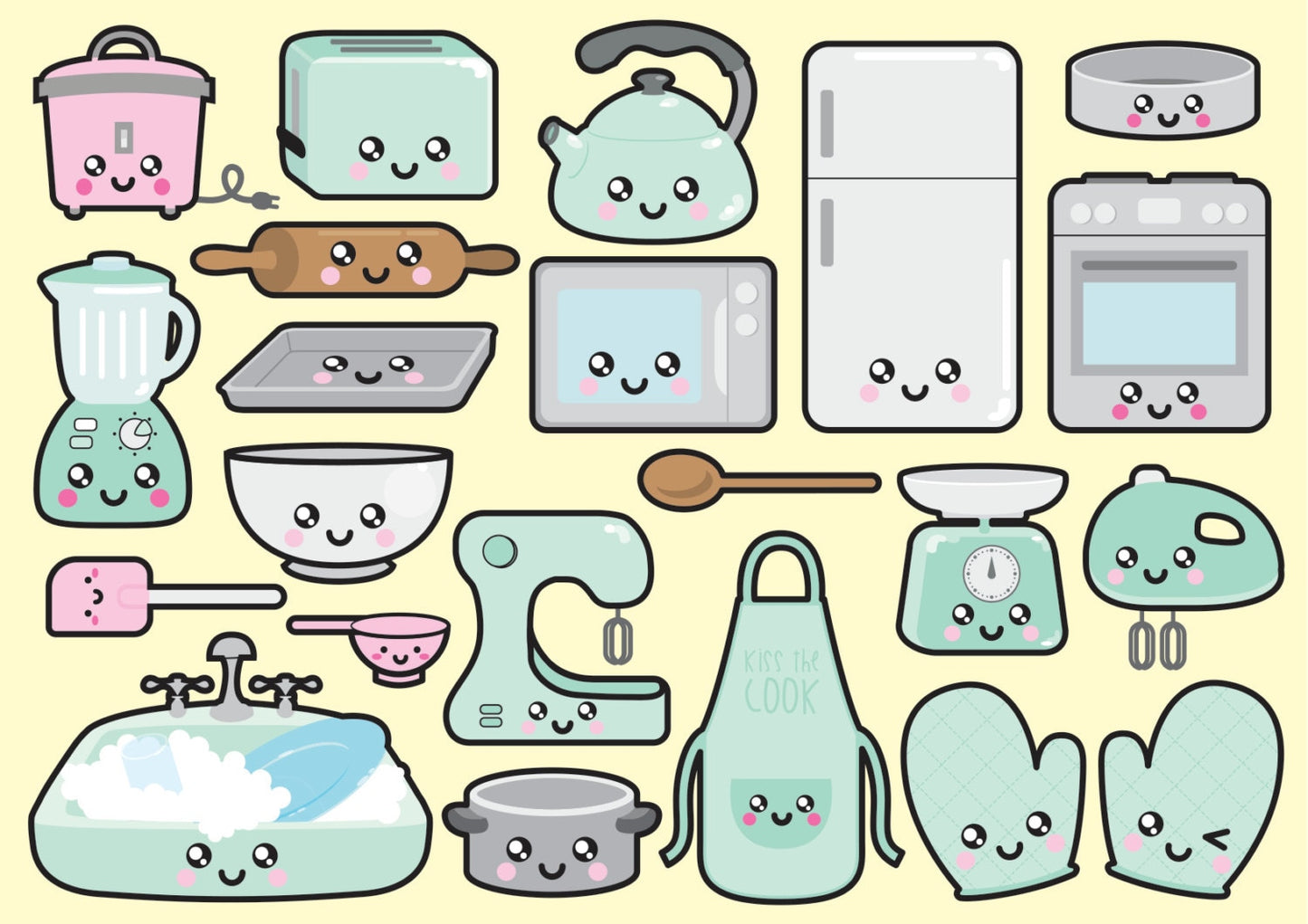 Premium Vector Clipart - Kawaii Kitchen Clipart - Kawaii Kitchen Clip art Set - High Quality Vectors - Instant Download - Kawaii Clipart