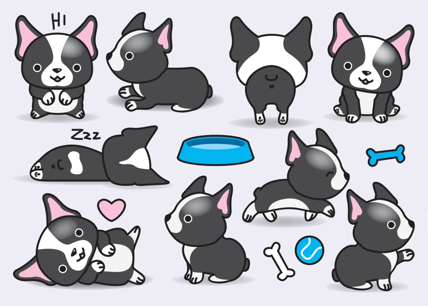 Premium Vector Clipart - Kawaii Boston Terriers - Cute Bostons Clipart Set - High Quality Vectors - Instant Download - Kawaii Clipart