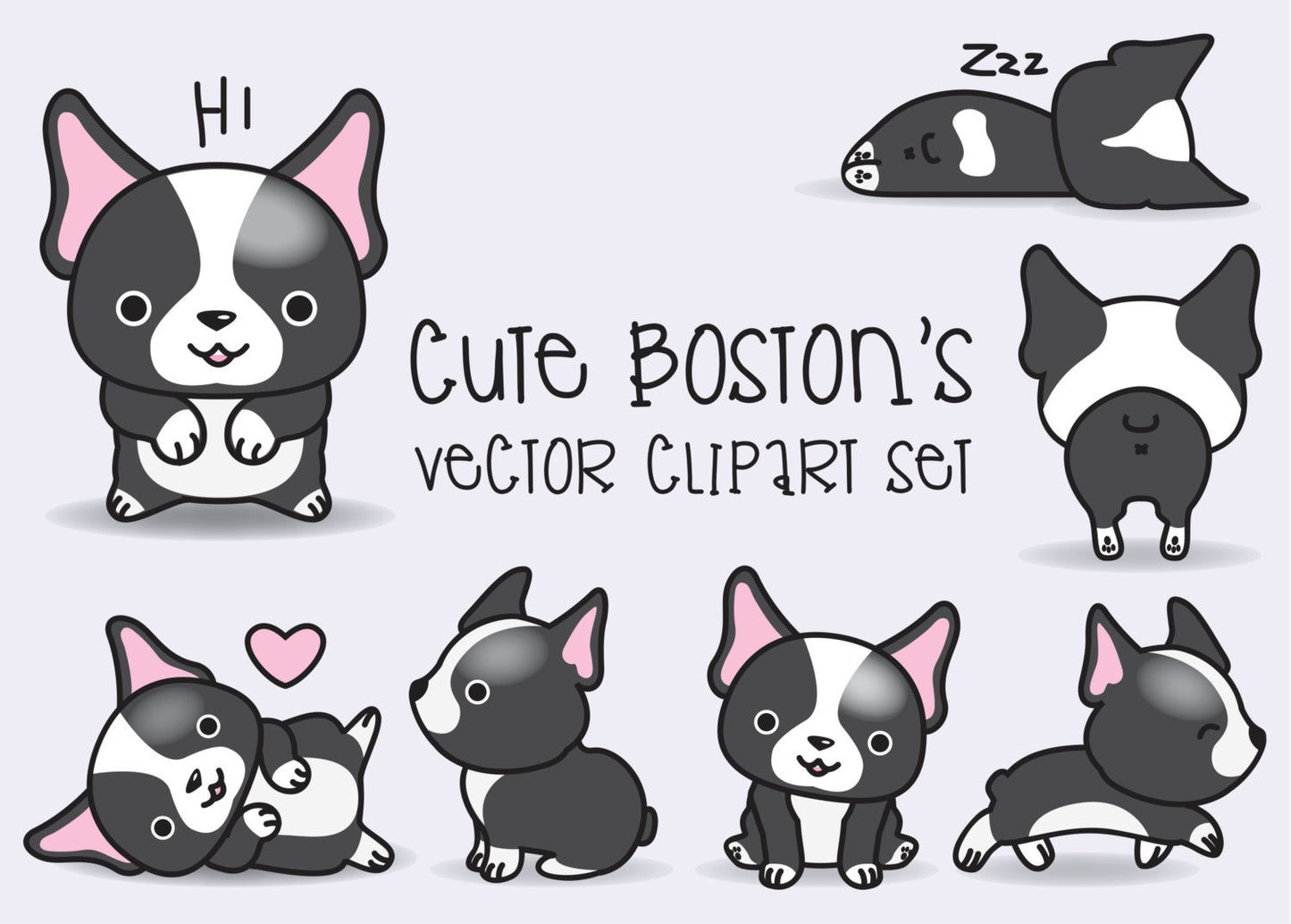 Premium Vector Clipart - Kawaii Boston Terriers - Cute Bostons Clipart Set - High Quality Vectors - Instant Download - Kawaii Clipart