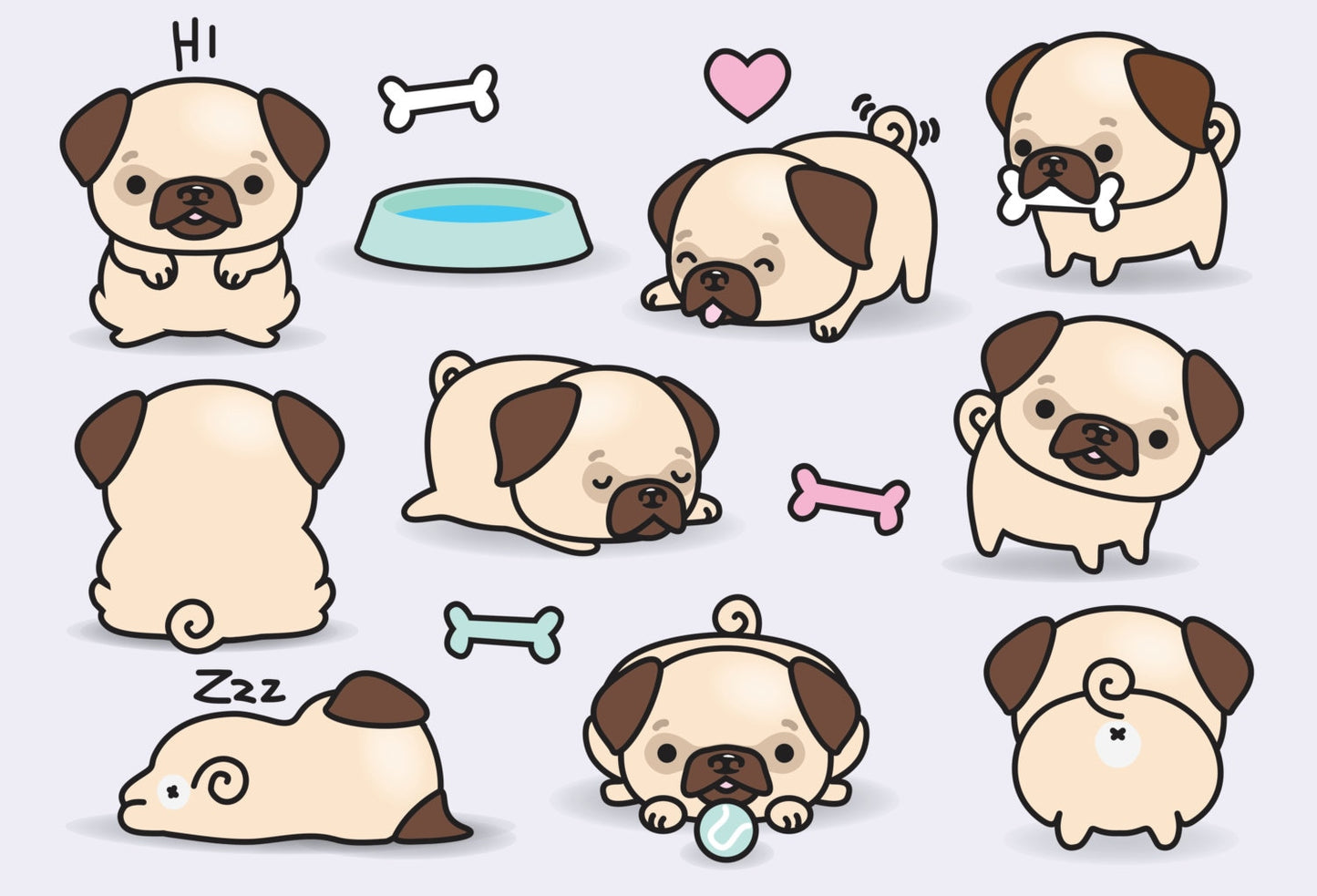 Premium Vector Clipart - Kawaii Pugs - Cute Pugs Clipart Set - High Quality Vectors - Instant Download - Kawaii Clipart